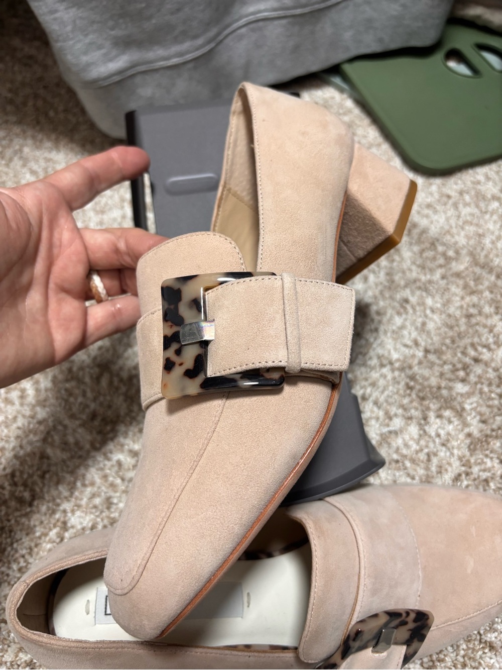 Deltan Suede Block Heel Loafers with Tortoiseshell Buckle -